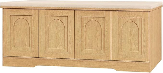 DINZI LVJ Shoe Bench, Entryway Storage Bench with Doors, Cushion, 2-Tier Shoe Rack with 8-Cubby, 47.2”L x 13.8”W Shoe Organizer Cabinet, Adjustable Shelf, Living Room, Bedroom Natural