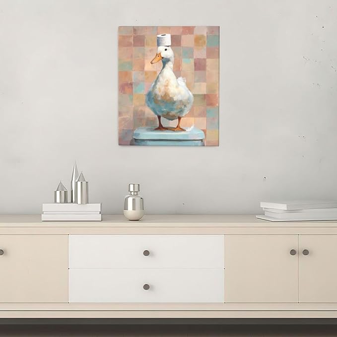 Funny Duck Bathroom Wall Art Cute Duck on Toilet Canvas Wall Decor Funny Quirky Farm Animal Pictures Painting Print Framed Artwork Decorations Gifts for Bathroom 20"x24"