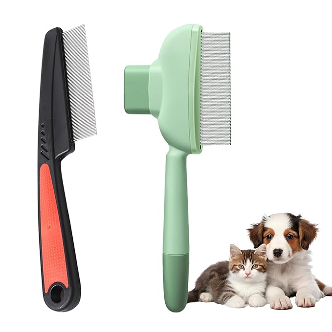 2PCS Flea Comb for Dogs & Cats，flea Comb for Cats with Release Button Self-Cleaning，lice comb for Shedding Pet Hair