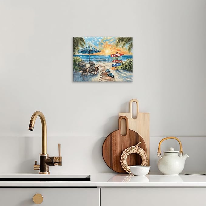 Beach Ocean Bathroom Pictures Wall Art, Seaside Coastal Bathroom Wall Decor, Sunrise Framed Painting Canvas Artwork for Bedroom Living Room Decorations 16"L x 12"W