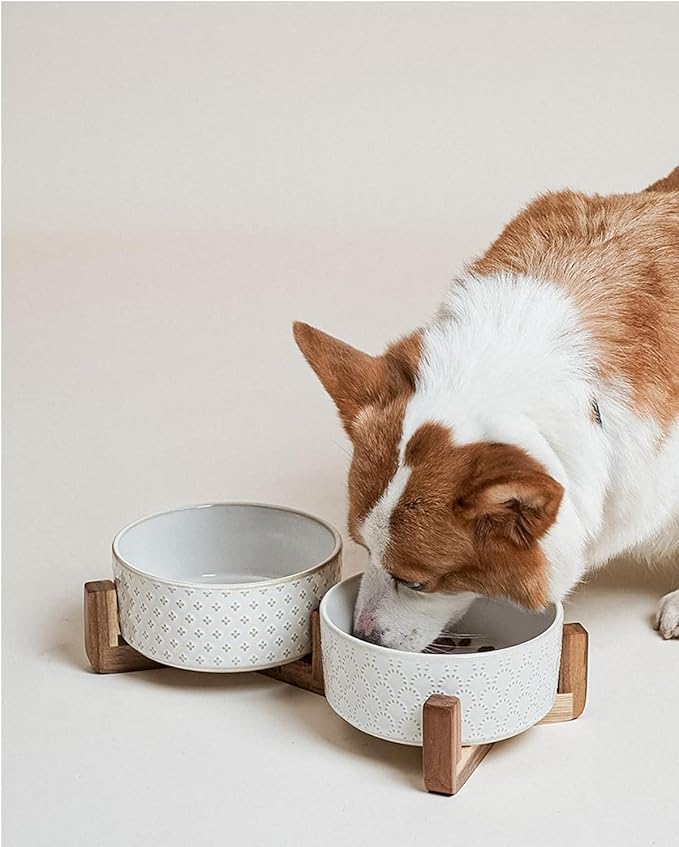 LE TAUCI Ceramic Dog Bowls with Acacia Wood Stand - 7 Inch Food & Water Set for Medium-Large Dogs - Weighted Pet Bowls