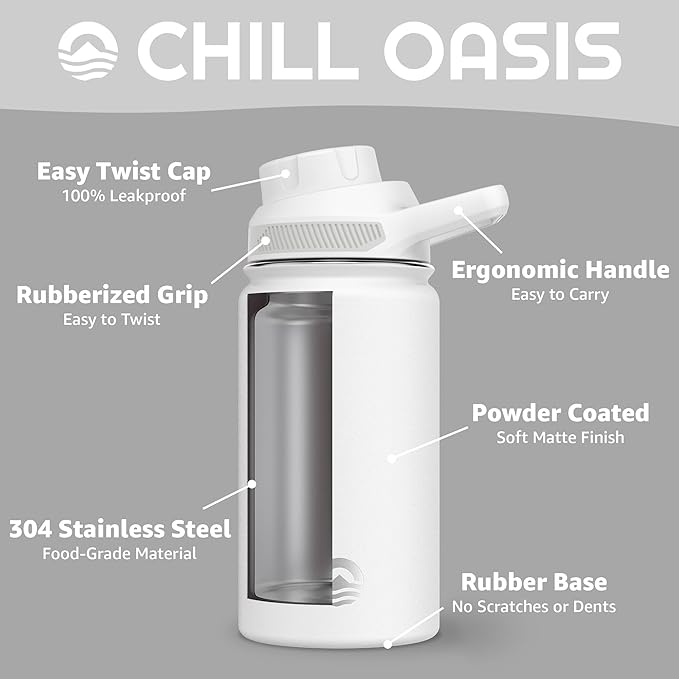 Chill Oasis Water Bottle | Compatible With Popular Flavor Cartridges | BPA Free, Leak Proof, Double-Walled Vacuum Insulated Stainless Steel, and Dishwasher Safe | Cold for 24 Hours (White, 12oz)