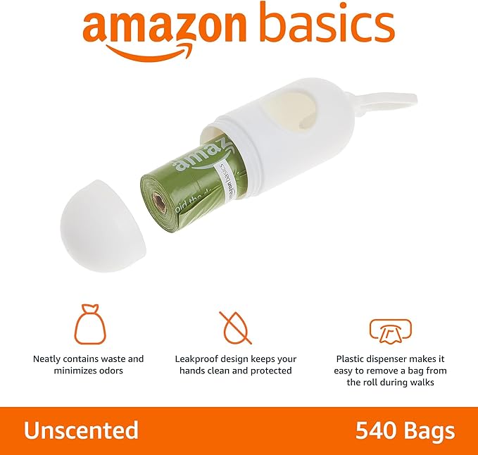 Amazon Basics Dog Poop Bags with Dispenser, 540 Count, Enhanced for Guaranteed Leakproof, Unscented, Includes Leash Clip