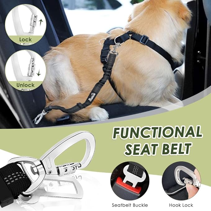 SlowTon Dog Seat Belt Harness for Car, Dog Car Harness Adjustable Mesh Breathable & Dog Seatbelt Safety Tether with Elastic Bungee for Small Medium Large Pets(Fuchsia, Double Clip, M)