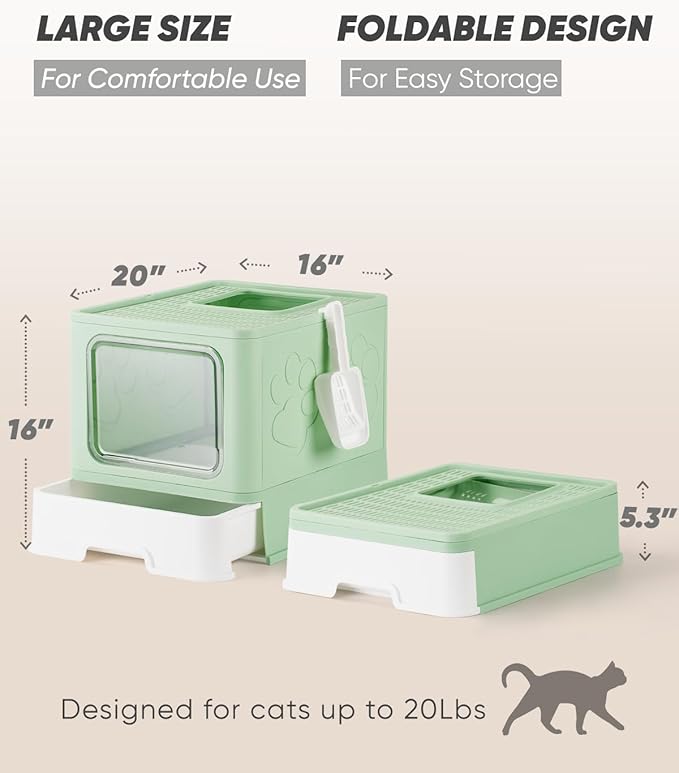 Enclosed Cat Litter Box, Large Litter Box for Big Cats, Covered Kitty Litter Boxes with Lid, Top Entry Cat Box Enclosure with Scoop, Odor Control, Easy to Clean(Green)