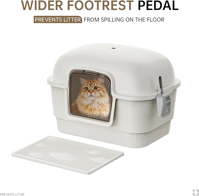 Cat Litter Box with Litter Mat and Scoop,High Wall Enclosed Cat Litter Boxes for Anti-Leakage, Covered Kitty Litter Box with Handle and Buckles for Portability and Privacy, Odor Control (White)