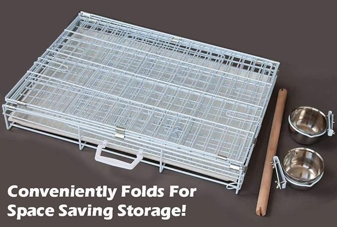 Durable Easy Portable Metal Travel or Veterinary Collapsable Parrot Bird Carrier Beaks Proof Cage with Stainless Steel Feeder Bowls Natural Wooden Perch Stand