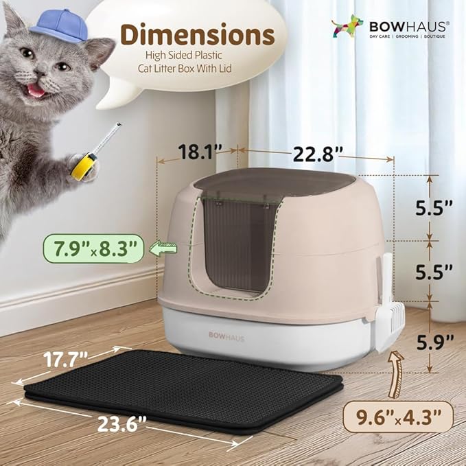 Detachable Cat Litter Box with Lid, 3-in-1 Cat Toilet of Cats, Large Space Anti-Leakage Gato Litter Box with Scoop, Mat & Odor Fitter, Beige/Pink
