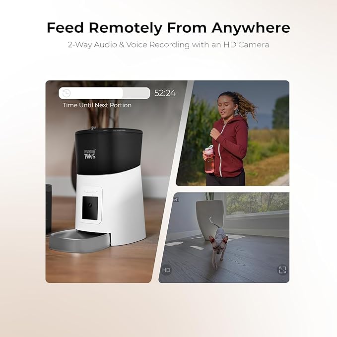 Smart HD Cat Feeder, 2 Way Audio + Voice Recording, Automatic Feeder for Dog with 1080p Night Vision Camera, WiFi App Controlled, Battery Backup, Anti Jam 6L Upto 15 Daily Meals, White Stainless