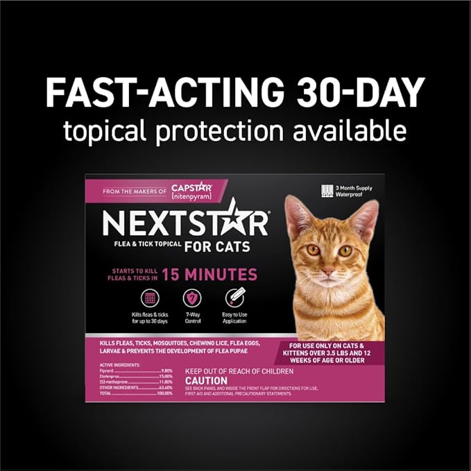 Flea and Tick Prevention for Cats, Repellent, and Control, Fast Acting Waterproof Topical Drops for Cats Over 3.5 lbs, 1 Month Dose