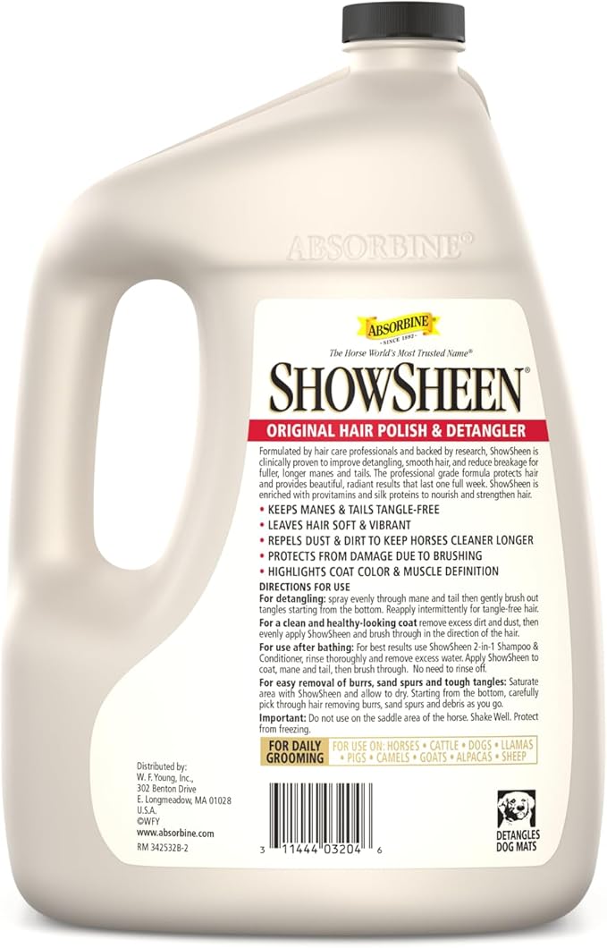 Absorbine ShowSheen Hair Polish & Detangler 128oz Refill Jug, Horse and Dog Coat, Mane and Tail, Instant Detangling & Reduces Hair Breakage for Healthy Grooming & Radiant Shine