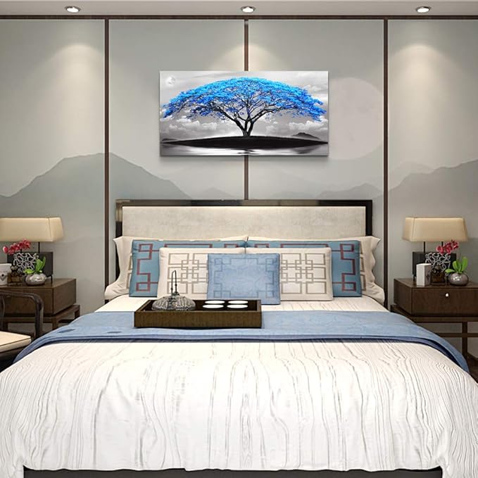 canvas wall art for living room bathroom Wall Decor Black and white landscape Blue tree moon painting to Hang Home Decorations for office bedroom kitchen Works canvas Prints pictures 24" x 48"inch