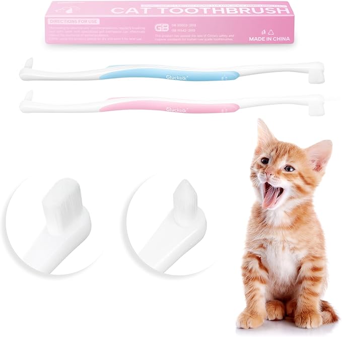 2 Pcs Dual-Sided Cat Toothbrush with Micro Brush Head, Ultra Soft Nano Bristles Pet Toothbrush Kit, Kitten/Puppy Toothbrushes, Fit into Cats/Small Dogs Mouth
