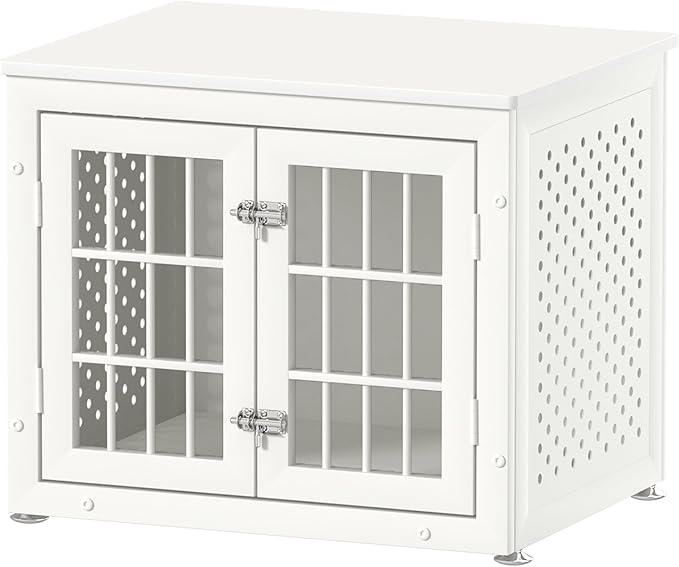 26" Heavy Duty Dog Crate Furniture for Small Dogs, Metal Kennel for High Anxiety Dogs, Chew Proof Pet Cage Indoor, Decorative Kennel End Table, White