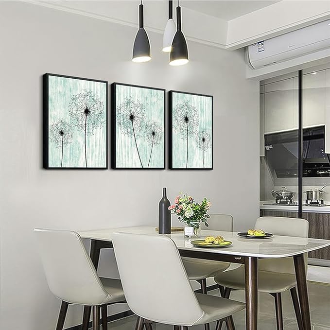 AHUASJART Black Framed Wall Art for Living Room Wall decor for Bedroom Room Decor light green background Pictures Dandelion Paintings posters kitchen Home Decorations 3 Piece Framed Prints Artworks