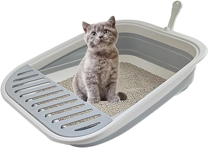Collapsible Kitten Litter Box, 17.7 x 13.4 x 5 inch Open Cat Potty Pan with Scoop Foldable Shallow Cat Toilet Anti-Splashing Low Entrance Travel Litter Box with Falling Sand Pedal Grey