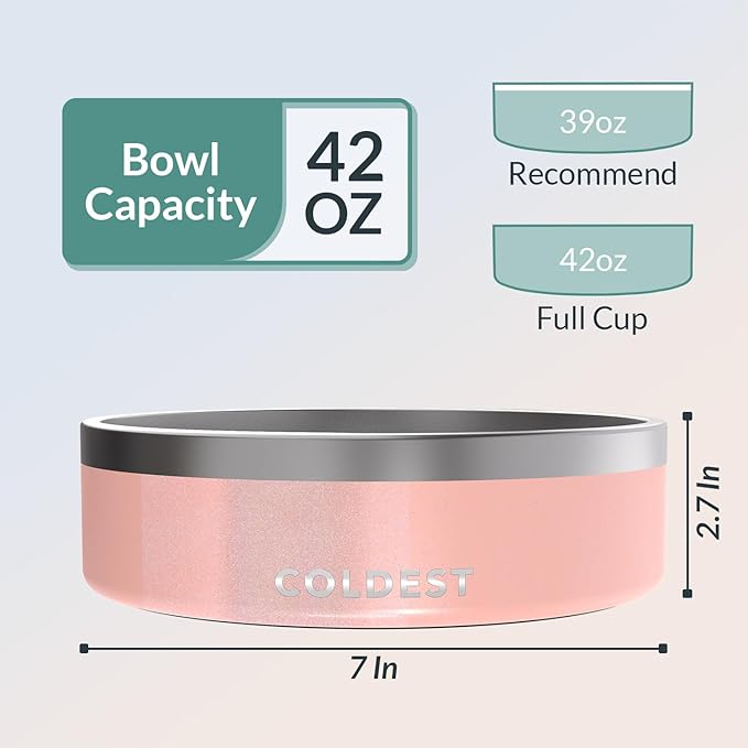 Coldest Dog Bowl - Anti Rust Metal, Non Slip, 3 Layers Insulated Stainless Steel Dog Bowls - Spill Proof & Heavy Duty - Water Bowl for Dogs, Cats & Pets, Dish Washer Safe (42 oz, Forever Pink Glitter)