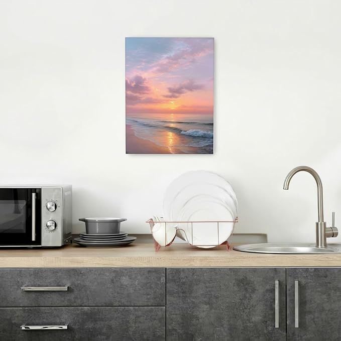 Beach Sunset Wall Art Ocean Coastal Scenery Wall Decor Seascape Picture Canvas Landscape Painting Print Framed Artwork Decorations for Living Room Office Bedroom Kitchen 12"x16"