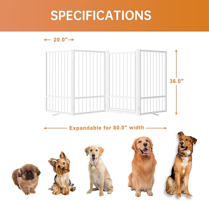 Full Metal Freestanding Dog Gate with Door, 36''Height Foldable Pet Dog Fence for Indoor & Outdoor, 4 Panels Extra Wide Free Standing TallDog Gates for Doorways,House,Stairs,Porch,Deck,Yard