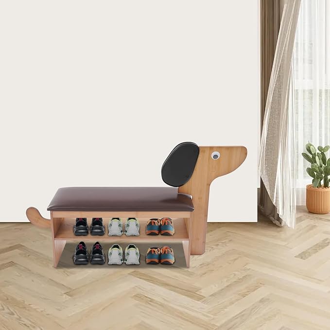 Cute Dog Shoe Bench with Cushion, 51.6”L x 11.8”W Puppy Shoe Storage Bench Dark Brown 2-Tire Bamboo Shoes Rack Bench for Entryway Living Room Hallway Bedroom 220Lbs Load Capacity