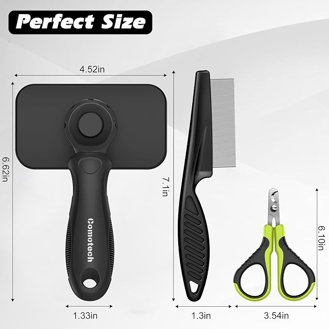 Comotech 3PCS Cat Grooming Supplies,Cat Brush & Nail Clipper/Trimmer & Flea Comb for Shedding Indoor Cats Dogs and Small Animals - Meet All Your Pet's Daily Grooming Needs - All in One Set (Black)