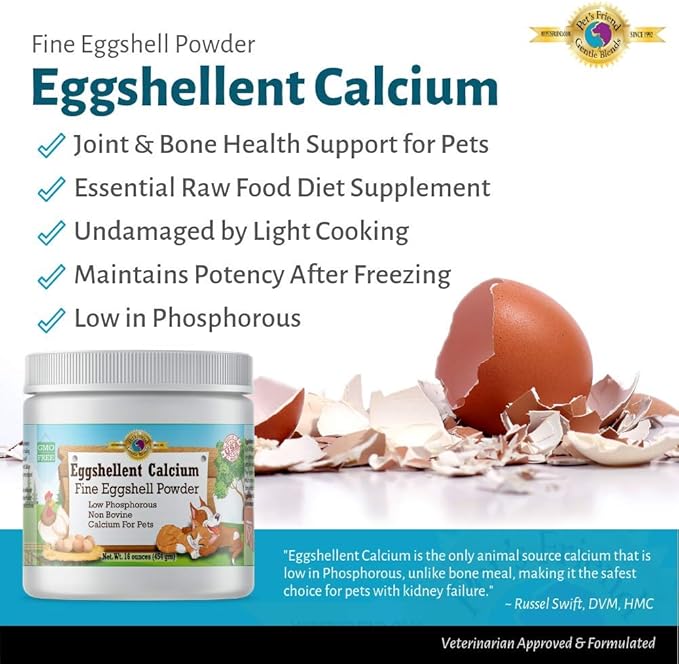 Calcium for Dogs and Cats - Fine Eggshell Powder - Strong Hip & Joint Supplement for Dogs and Cats- Dietary Supplement - No Additives - Pet's Friend Eggshellent Calcium 16oz