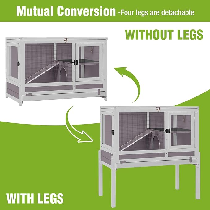 GUTINNEEN Rabbit Hutch Guinea Pig Cages Indoor with Stand Wooden Small Animals Cage Hutch Hamster Cage with Hideout,Pull Out Tray, Anti Chew Ramp (Grey)