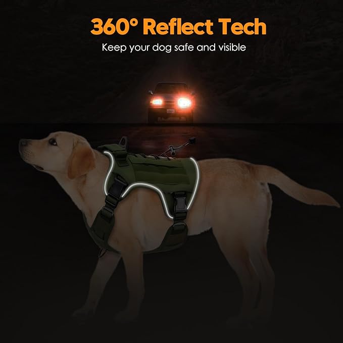 Heavy-Duty Tactical Dog Harness for Large Dogs, No Pull Adjustable Reflective Pet Vest with Molle System, K9 Military-Grade Control for Service Training, Outdoor & 10+ Breeds, Green, XX-Large