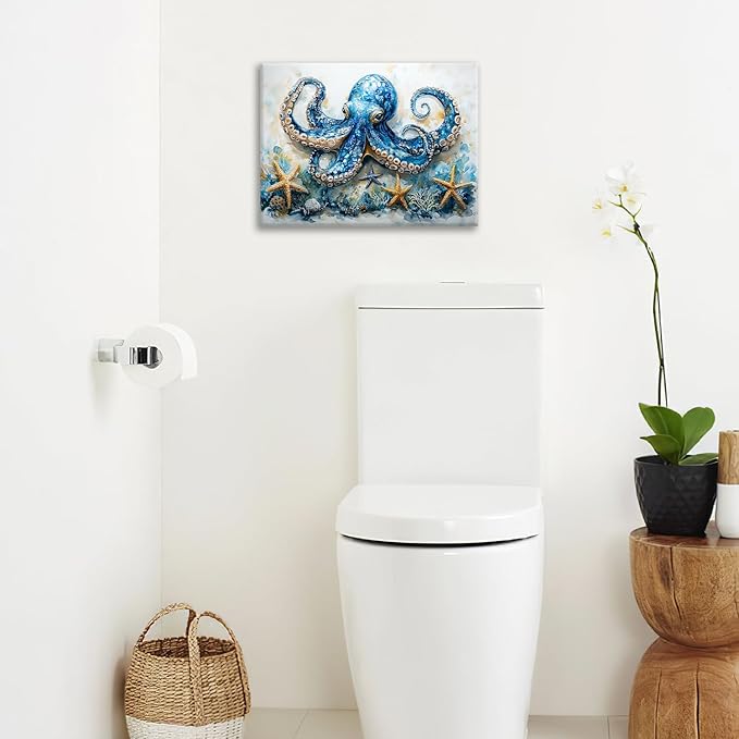 Octopus Bathroom Pictures Wall Art, Sea Animal Ocean Bathroom Wall Decor, Nautical Framed Painting Canvas Artwork for Bedroom Living Room Decorations 16"L x 12"W