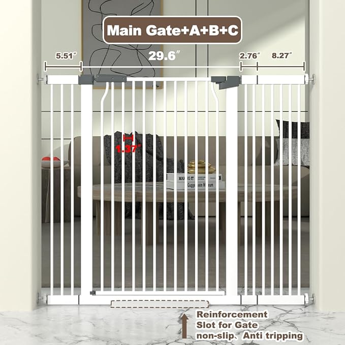 41" Extra Tall Cat Gate for Doorway, 40.6-49.1'' Metal Pet Baby Safe Gate, Extra Wide Pressure Mounted Child Door with Expansion Kit, No Drilling Cat Fence Indoor, Tall Dog Gate, White