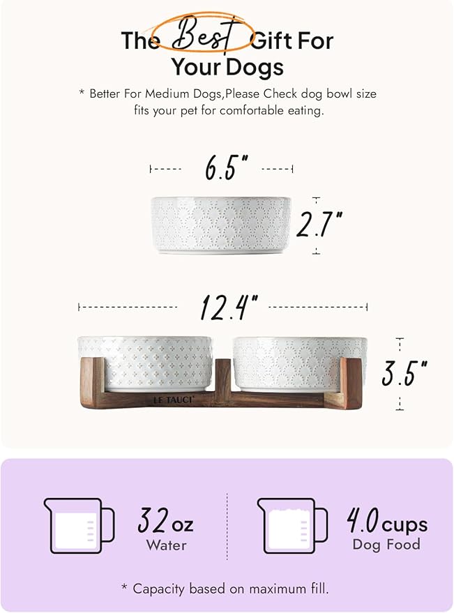 Dog Bowls Ceramic for Small Medium Dogs - 3-Cup Dual Food & Water Bowl Set with Acacia Wood Stand, Non-Slip Anti-Tip Elevated Design