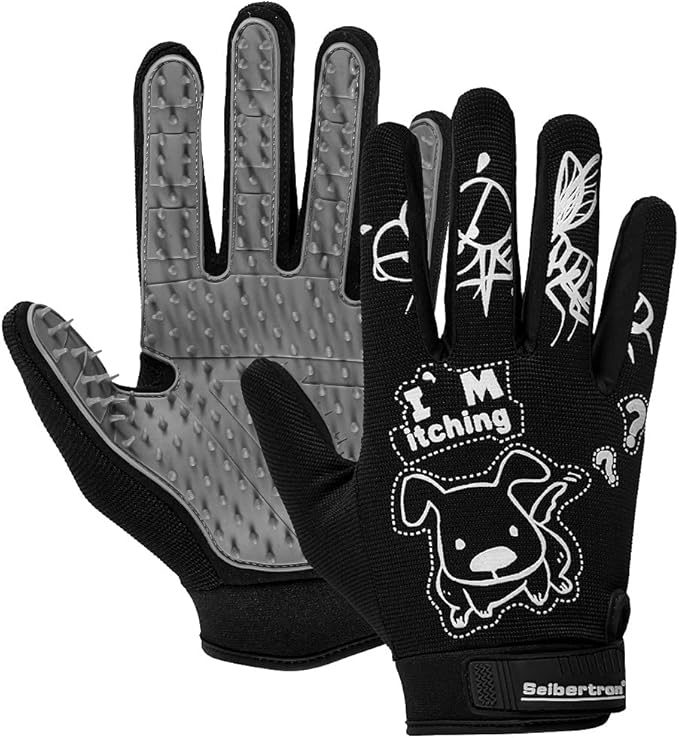 Seibertron Patented P.G.M.G-1 Pet Hair Remover/Deshedding Grooming Gloves Seven Sizes Fit All Works for Dogs, Horses, Cats and Other Animals Short Fur(1-Pair) Adult Black S
