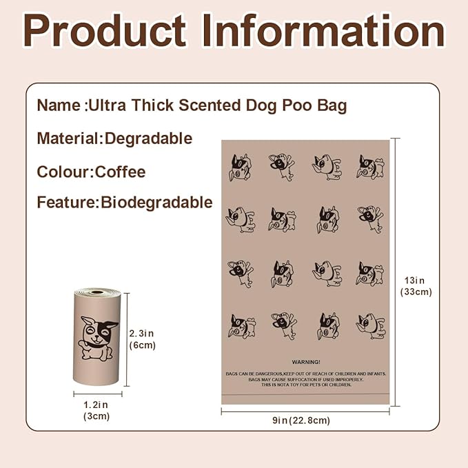 Coffee Dog Poo Bags Coffee scent - 120 Large Biodegradable Poop Bags, Extra Thicken Strong Corn Starch Blended Compostable Leak Proof Poop Waste Bag for Dogs