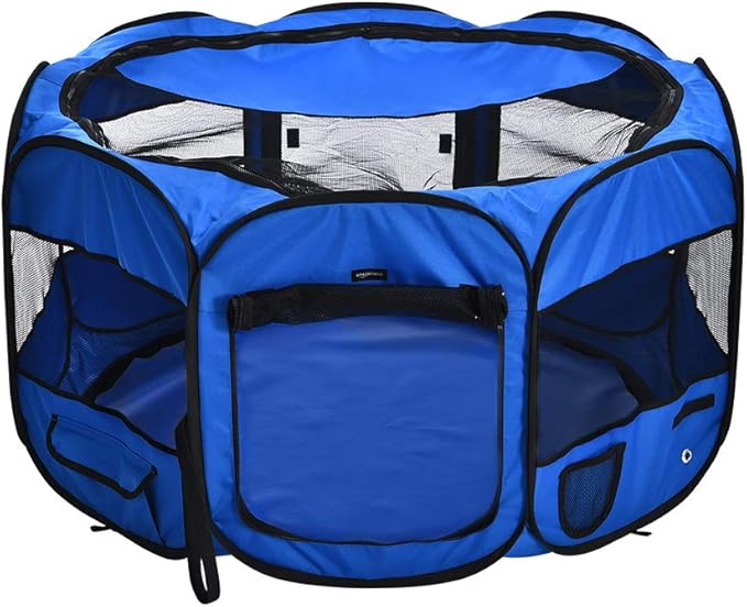 Amazon Basics Foldable Octagonal Indoor and Outdoor Portable Soft Dog Pen/Puppy Pen/Playpen, 114 cm / 45", Blue