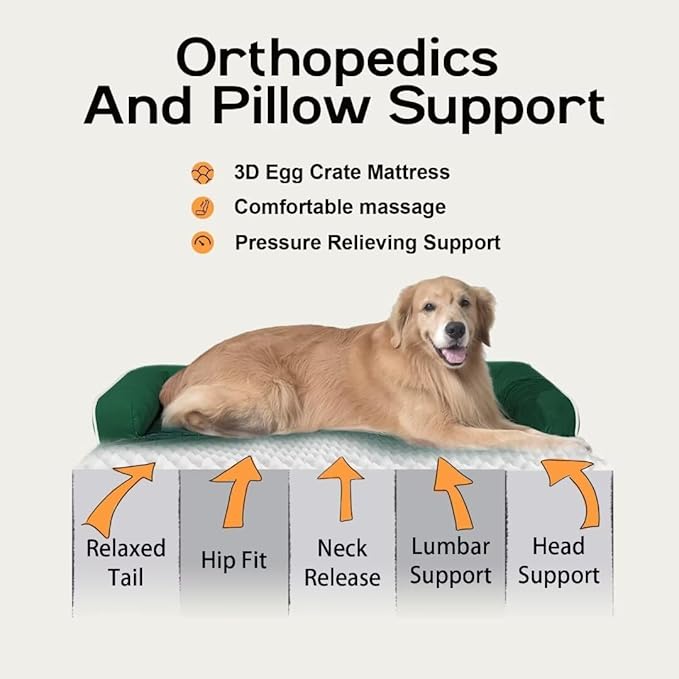 Large Dog Bed Orthopedic Washable Extra XXXLarge Big Dog Bed with Washable Bolster & Memory Foam Couch Sofa - Waterproof with Removable Cover - Emerald