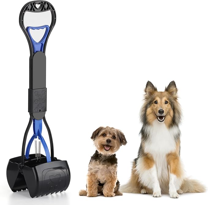 PPOGOO Non-Breakable 2PCS Pooper Scoopers for Large Medium Small Dogs with 24.3inch Long Handle High Strength Material Durable Spring, Easy Grass and Gravel Pick Up Blue and Orange