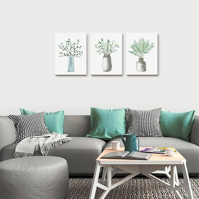 AHUASJART Canvas Wall Art - Paintings for Kitchen, Dining Room, Family Wall Decor - Green Leaf Vase, 3 Piece