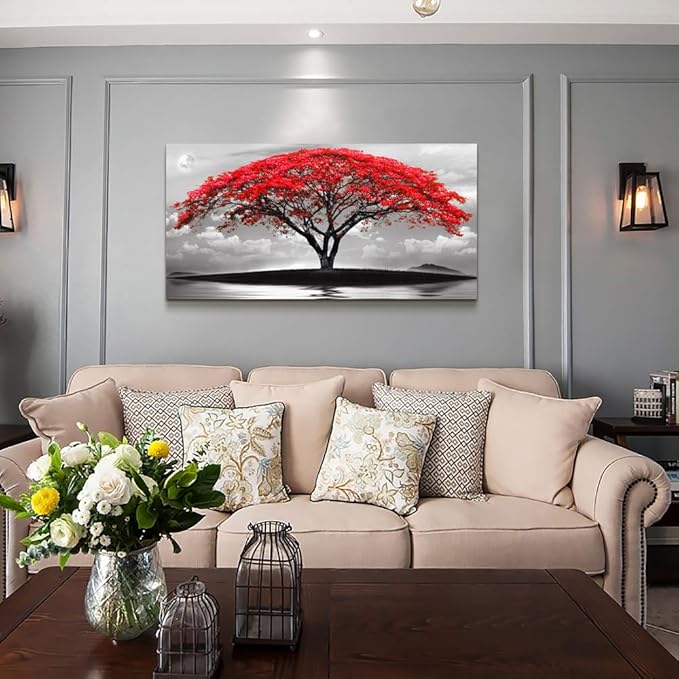 canvas wall art for living room bathroom Wall Decor Black and white landscape red tree moon scenery Hang painting Home Decorations for office bedroom kitchen Works canvas Prints pictures 24" x 48"inch