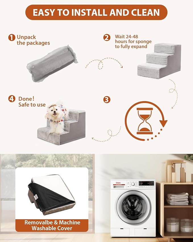 Dog Stairs for Small Dogs,13" H,3-Step Dog Steps for High Bed,Couch,Pet Stairs for Dogs and Cats Climbing with Non-Slip Bottom and Washable Cover,Light Grey