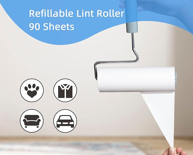 Extreme Sticky Large Surface Lint Roller, 6.3'' Giant Pet Hair Remover Roller for Pet Dog Cat Hair, Clothes&Furniture Cleaning, 90 Sheets (1 Roller + 2 Refills)
