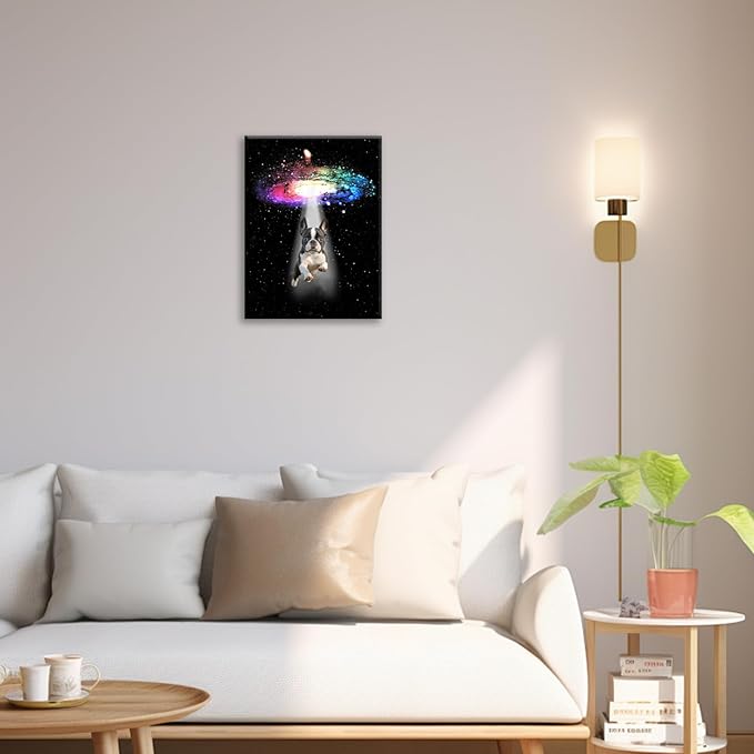Funny Dog Wall Art Canvas Boston Terrier Wall Decor Prints Framed Painting Bulldog Galaxy Pictures Gifts Artwork for Bathroom 16"x20"