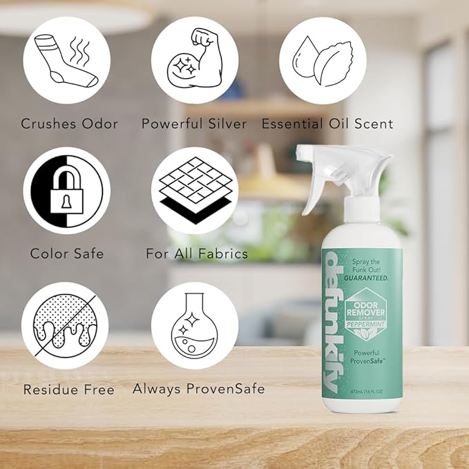 Odor Remover Spray, 16oz (2-Pack). 'Peppermint' Essential Oil Odor Eliminator for Strong Odors on Fabric, Shoes, Activewear. 'ProvenSafe' Deodorizer for Pets, Kids & Sensitive Gear w/Ionic Silver