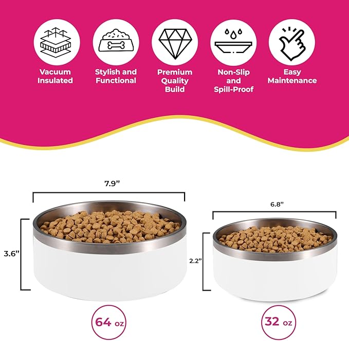 Dog Bowl - Vacuum Insulated Keeps Water Cool, Non-Slip Base, Easy Clean Interior, Durable Stainless Steel, Multiple Colors, Ideal for Travel, 32 Oz - Pet Bowl (White)