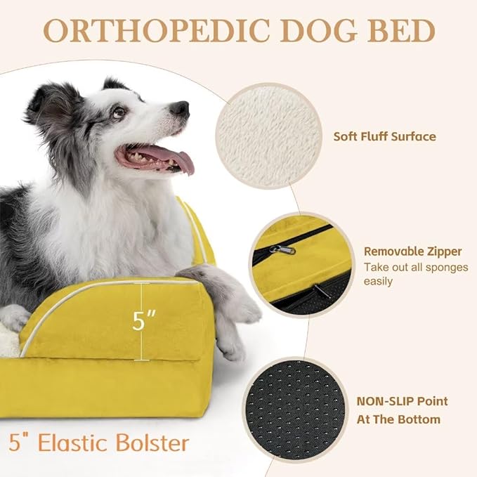 Comfort Expression Orthopedic XL Dog Beds, Waterproof Extra Large Dog Bed with Bolster, Washable Dogs Bed Sofa with Removable Cover & Non-Slip Bottom(X-Large,Spicy Mustard)
