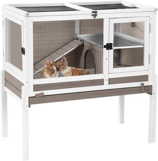 Aivituvin Rabbit Hutch with Stand Wooden Bunny Cage Indoor 2 Story Guinea Pig House with Anti Chew Ramp, No Leak Tray, Hideout, Wire Mesh (Brown)
