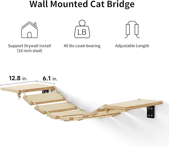 FUKUMARU Cat Bridge Wall Mounted, 12.8-Inch Expanded Feline Perch & Climbing Steps for Custom Kitten Highway Systems, Multi-Level Wall Shelves Furniture