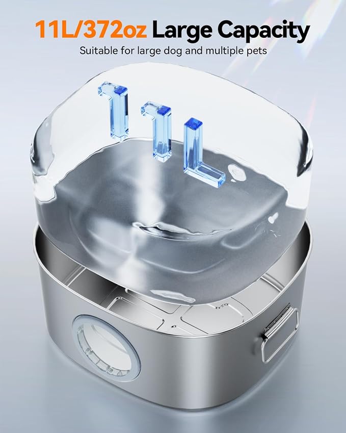 Dog Water Fountain Stainless Steel, 11L/2.8Gal Large Pet Water Fountain for Large Dogs Inside, Dog Fountain Water Bowl Automatic Dispenser with Visible Window & LED, Ultra Quiet for Dogs and Multi-Pet