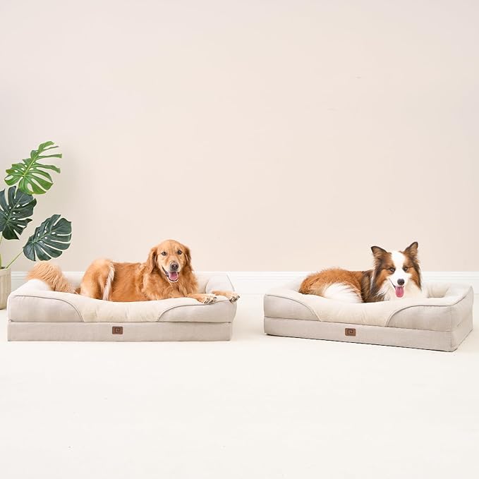 EHEYCIGA Memory Foam XL Dog Bed for XLarge Sized, Extra Large Orthopedic Dog Sofa with Sides and Waterproof Liner, Washable Bolster Pet Bed Couch with Removable Cover, 42x30x7.5 Inch, Beige