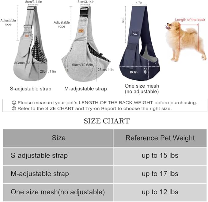 CUBY Dog and Cat Sling Carrier, Hands Free Reversible Pet Papoose Bag, Soft Pouch Adjustable, Suitable for Puppy Cats for Outdoor Travel (Grey, M-Adjustable Strap)