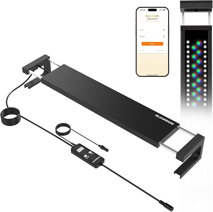 GLOWRIUM Smart Aquarium Light, Bluetooth + WiFi Dual Control Freshwater Fish Tank Light with App, Multi-preset Spectrum, Brightness Adjustable, Anti-Drop, Real Time Water Temperature Sensor (48-60 in)